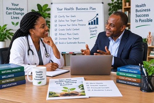 Turn your health expertise into a clearer business strategy. Health practitioner receiving business coaching and mentoring