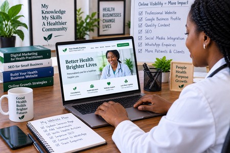 A professional website can become the central hub for your health business marketing. health practitioner building an online business presence