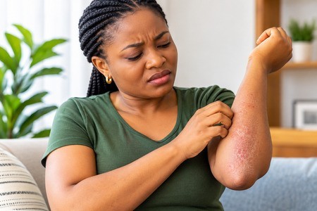 Dermatitis can cause itching, dryness, redness and skin irritation. Nigerian adult experiencing dry itchy skin associated with dermatitis