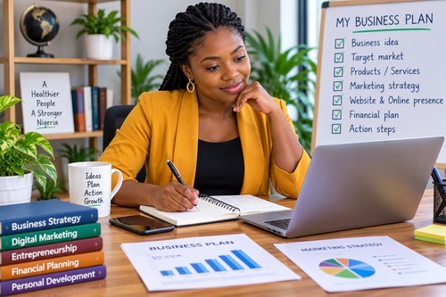Nigerian entrepreneur planning a new business with a laptop and notebook