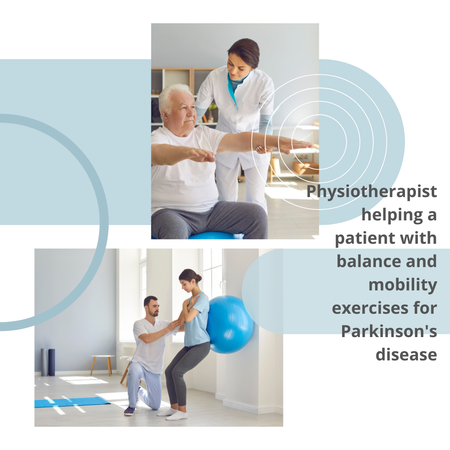 Physiotherapy can help people with Parkinson’s disease improve balance, mobility, strength, and movement. Physiotherapist helping a patient with balance and mobility exercises for Parkinson’s disease