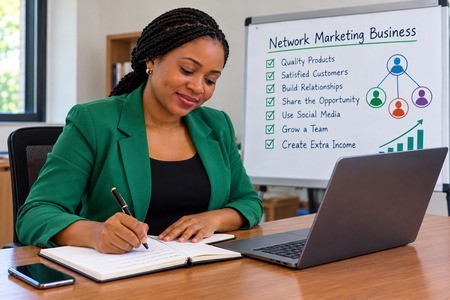 A network marketing business can combine direct selling, relationship-building, and digital marketing to reach customers and grow. Nigerian entrepreneur building a network marketing business