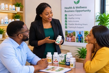 Successful network marketing starts with understanding products, serving customers, and building genuine relationships. Nigerian network marketing entrepreneur explaining products to customers