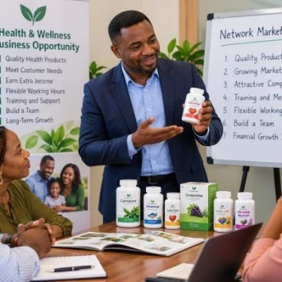 Health and wellness products are one area where entrepreneurs may explore network marketing opportunities. Nigerian wellness entrepreneur presenting health products as a network marketing opportunity