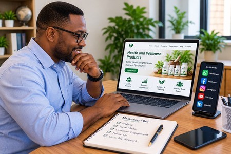 A professional website, useful content, and digital marketing can help a network marketing business expand beyond its personal contacts. Nigerian entrepreneur using a website and social media for network marketing