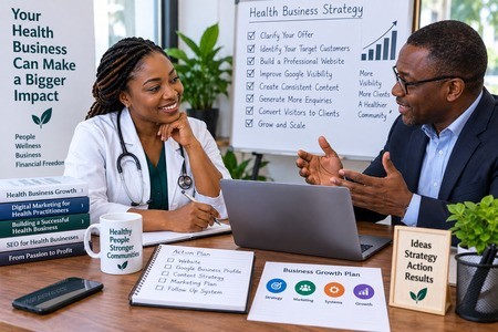 A focused strategy session can help you identify what to improve first. health business owner discussing growth strategy with a coach
