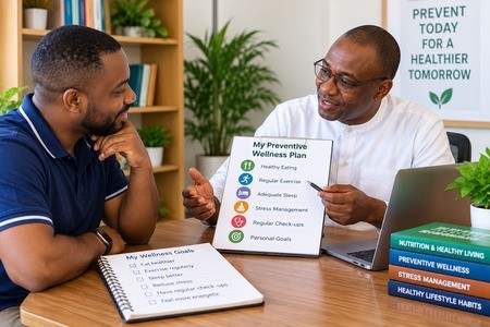 Nigerian adult discussing a preventive wellness plan with a health consultant