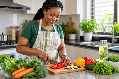 Nigerian adult preparing healthy food as part of a natural wellness lifestyle