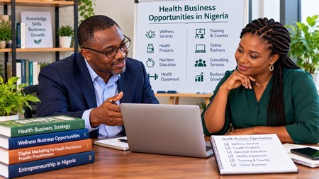 A health practitioner evaluating business opportunities and planning the next step for a wellness business. Nigerian health practitioner evaluating health business opportunities with a business advisor