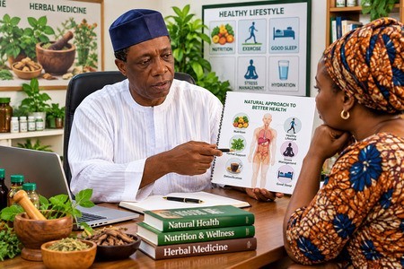 Nigerian wellness practitioner sharing professional knowledge with a client