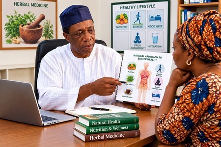 Nigerian wellness practitioner sharing professional knowledge with a client