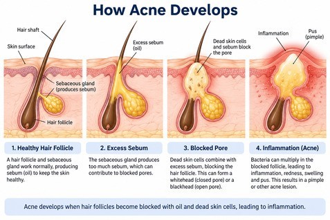 Acne can develop when hair follicles clog with oil and dead skin cells, causing inflammation and breakouts. Illustration showing clogged pores and inflammation associated with acne