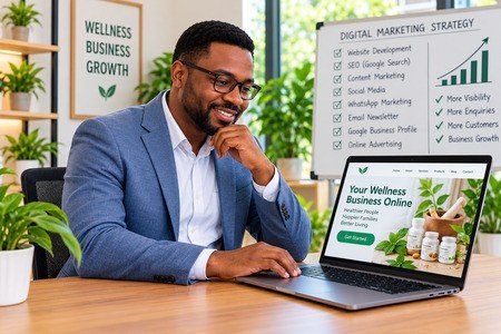 A professional website and digital marketing can help wellness entrepreneurs reach customers beyond their immediate location. Nigerian wellness entrepreneur developing a business website and digital marketing strategy