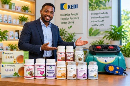 Wellness products and equipment can form the foundation of a focused health and wellness business. Nigerian wellness entrepreneur displaying health products and wellness equipment