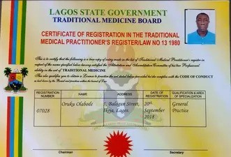 Traditional Medical Practitioner Registration — Lagos State Traditional Medicine Board, registered September 2018. Traditional Medical Practitioner's registration certificate for Olabode Oruku