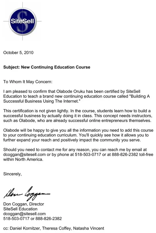 SiteSell Education certification — training in building a successful business using the Internet. SiteSell Education certification for Olabode Oruku in internet business training