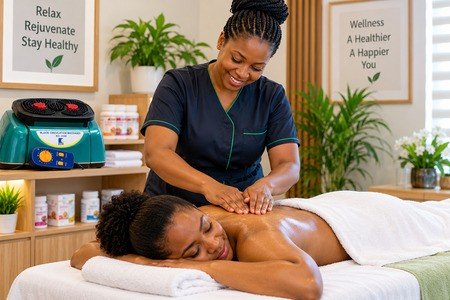 Service-based wellness businesses can combine professional skills with personalized customer care. Nigerian wellness practitioner providing a professional wellness service to a client